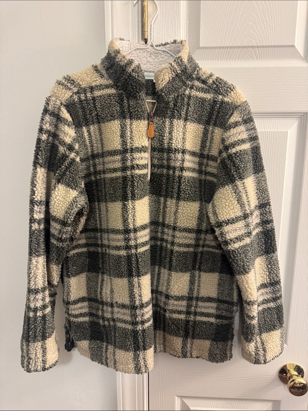 Plaid Sherpa Half-Zip Pullover Jacket - Cream & Charcoal
